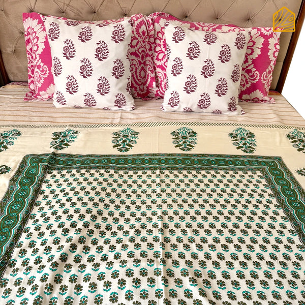 Green Floral All Over Hand-block Single Reversible Bed Dohar