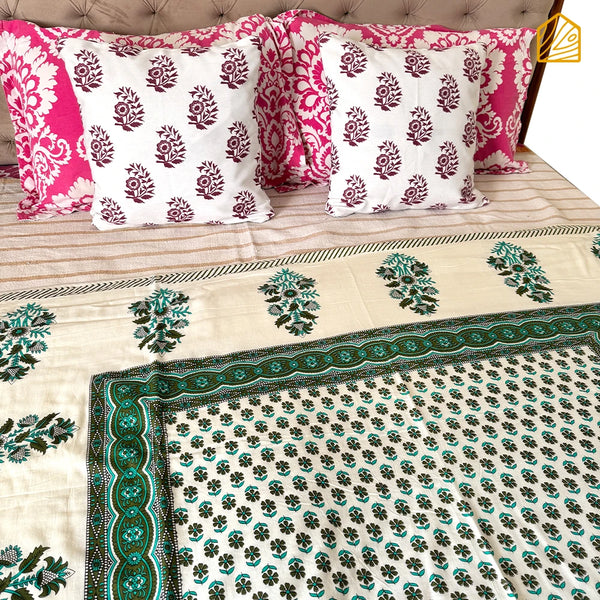 Green Floral All Over Hand-block Single Reversible Bed Dohar