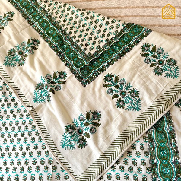 Green Floral All Over Hand-block Single Reversible Bed Dohar