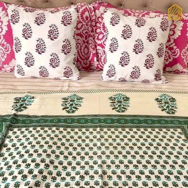 Green Floral All Over Hand-block Single Reversible Bed Dohar