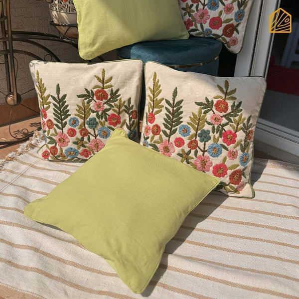 Poppies & Green Embroided Cushion Set of 5