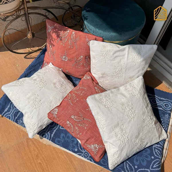 Flower and Birds Embroided Cushion Cover Set of 5