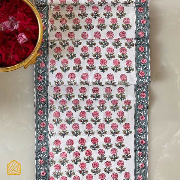 Hand-block Marigold Pink & Grey Floral 8-seater Table Runner 16x88