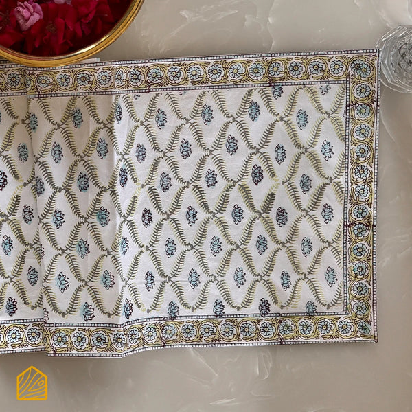 Green Lotus Jaal Hand-block 8-seater Table Runner 16x88