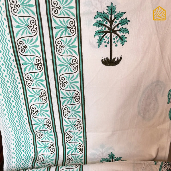 Green Palm & Paisley Hand-block Print King Size Bedsheet