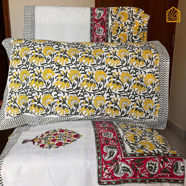 Yellow Carnations and Elephants Jaal Hand-block print King Size Bedsheet